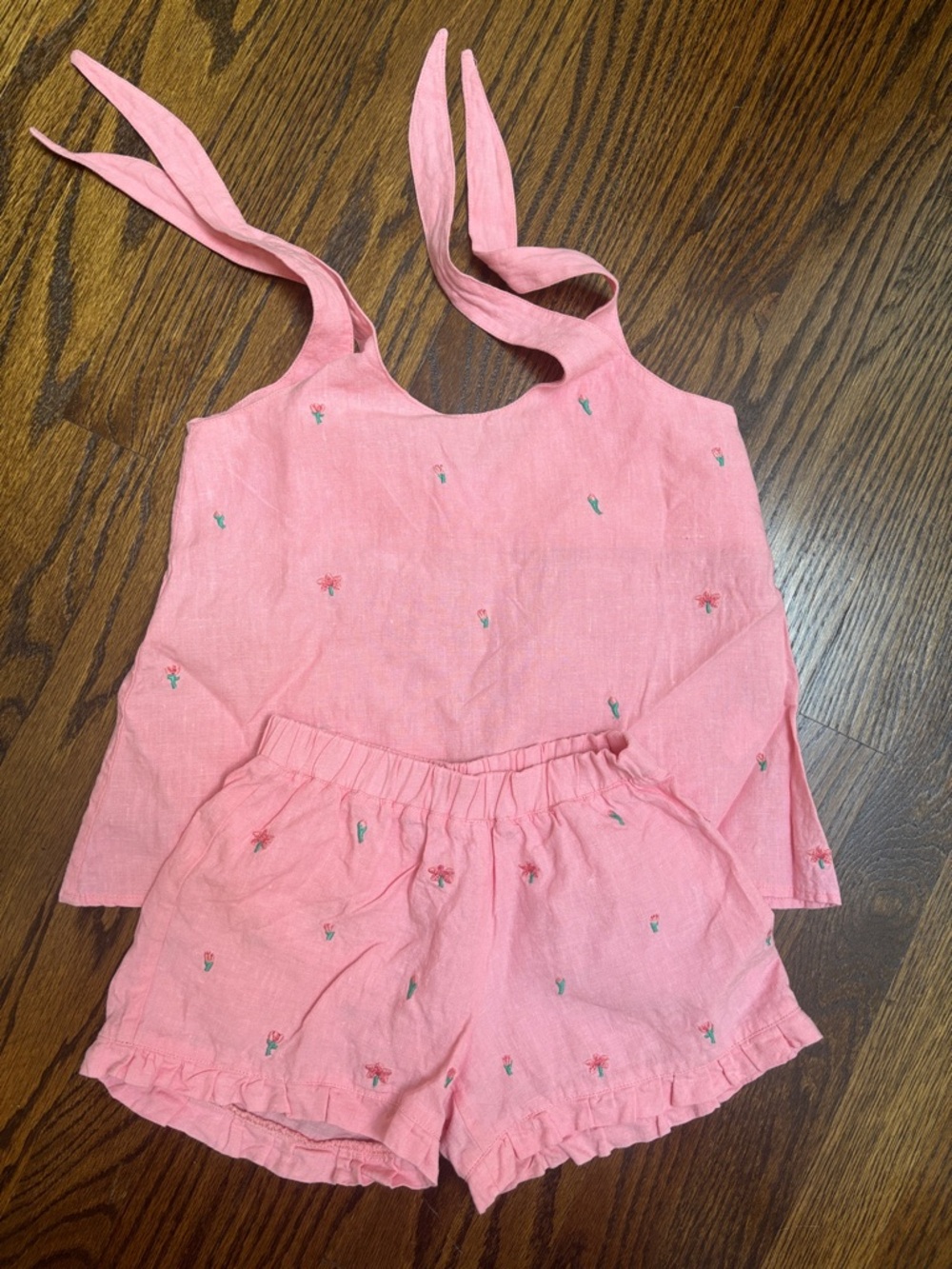 Girls Pink Embroidered Tank & Shorts Matching Set